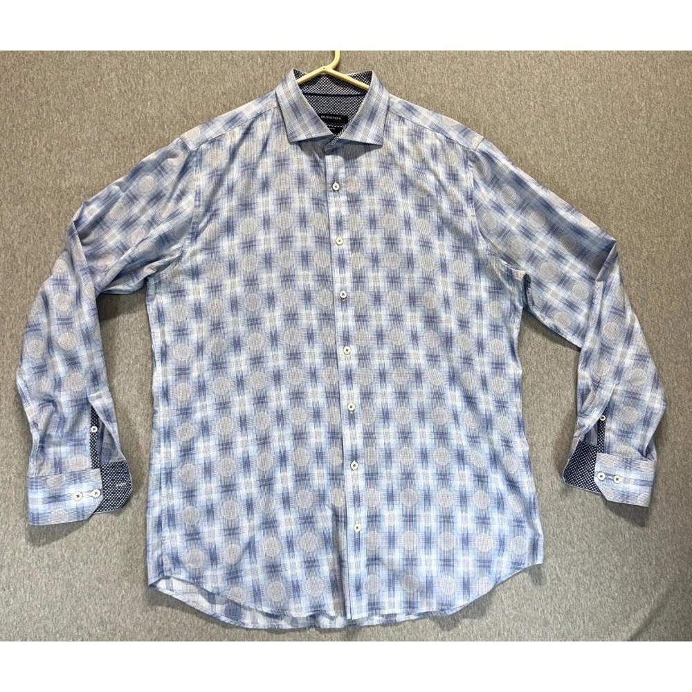 Bugatchi Shaped Fit Shirt Mens Blue White Plaid Cotton Lined Button Up 48" X 34"